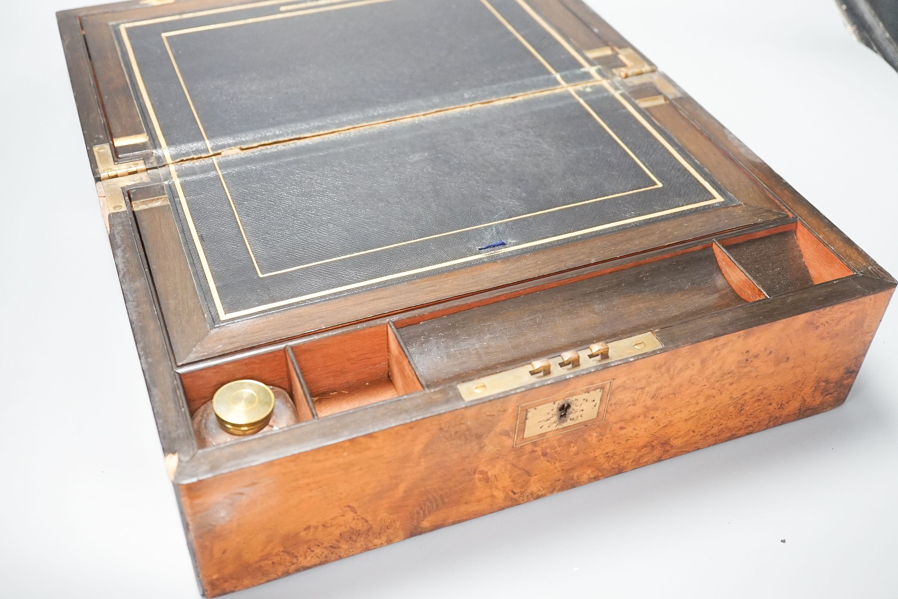 A Victorian burr walnut and leather writing slope, inlaid plaque for ‘C.Roberts’, 36 cm